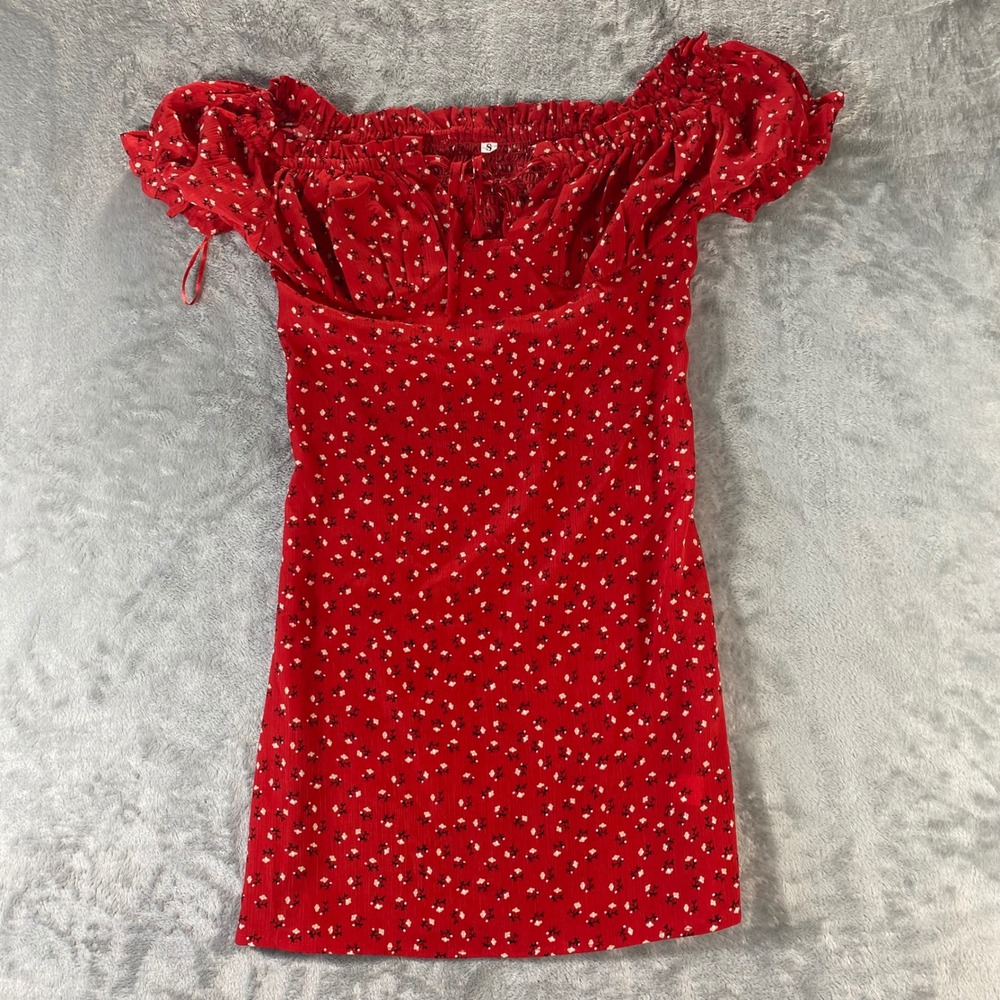 SHEIN Mini Dress Womens Small Red Floral Off Shoulder Smocked Bodycon Summer